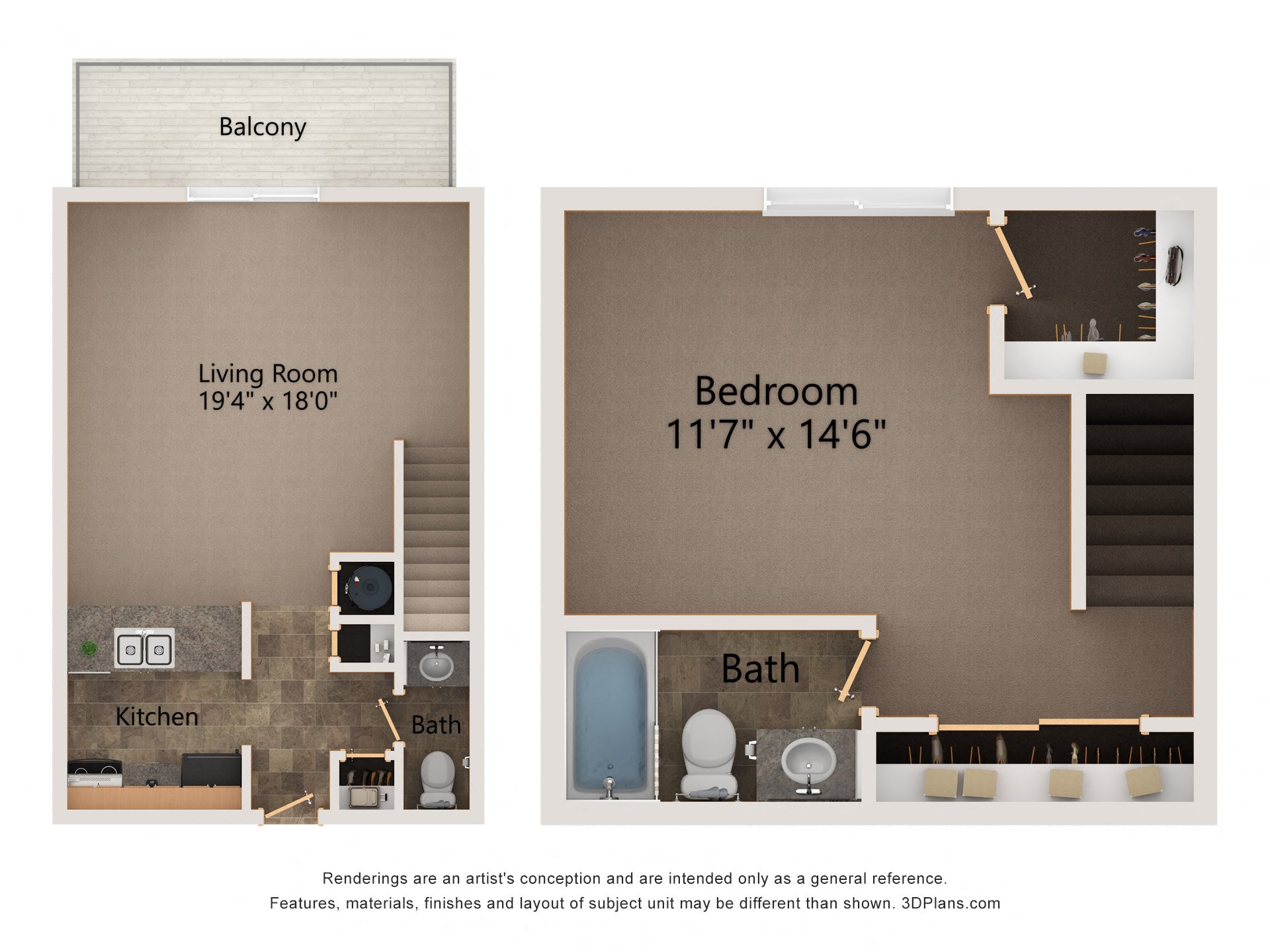 Floor plan for 1 bed, 1 bath, 839 sqft